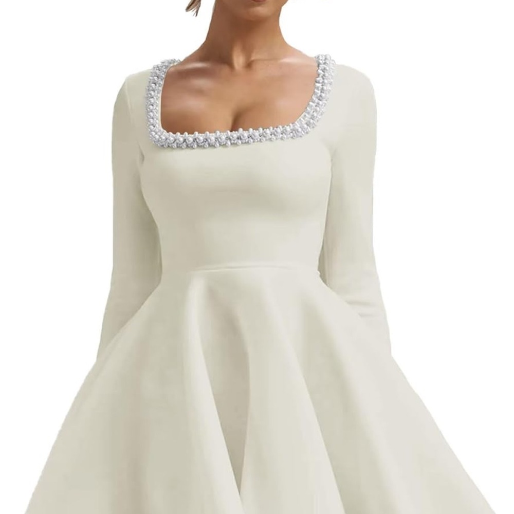 Elegant Ivory Long-Sleeve Square Neck Dress with Embellished Trim